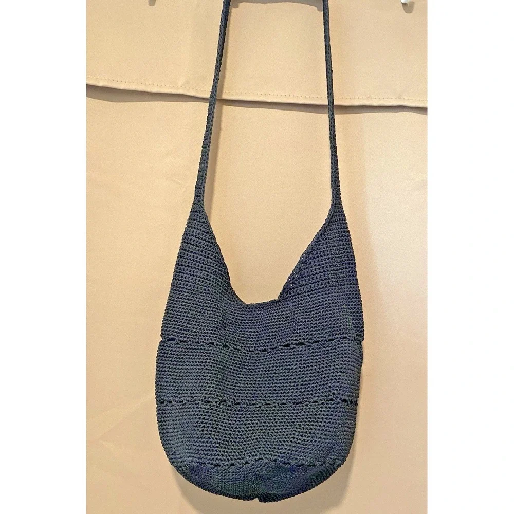 Vtg Black Nylon Knit Woven Hobo Shoulder Bag Purse Y2K 11